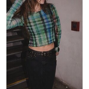 Urban Outfitters Sheer Plaid Mesh Cropped Long Sleeve Top M Y2K